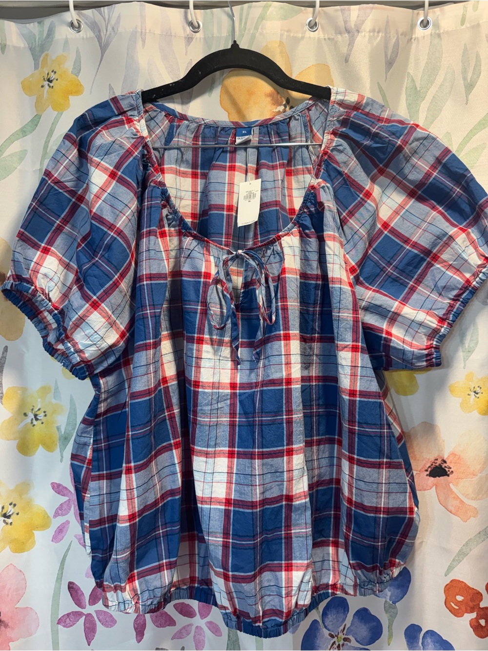 Old Navy Blue Red White Plaid Puff-Sleeve Peasant Top